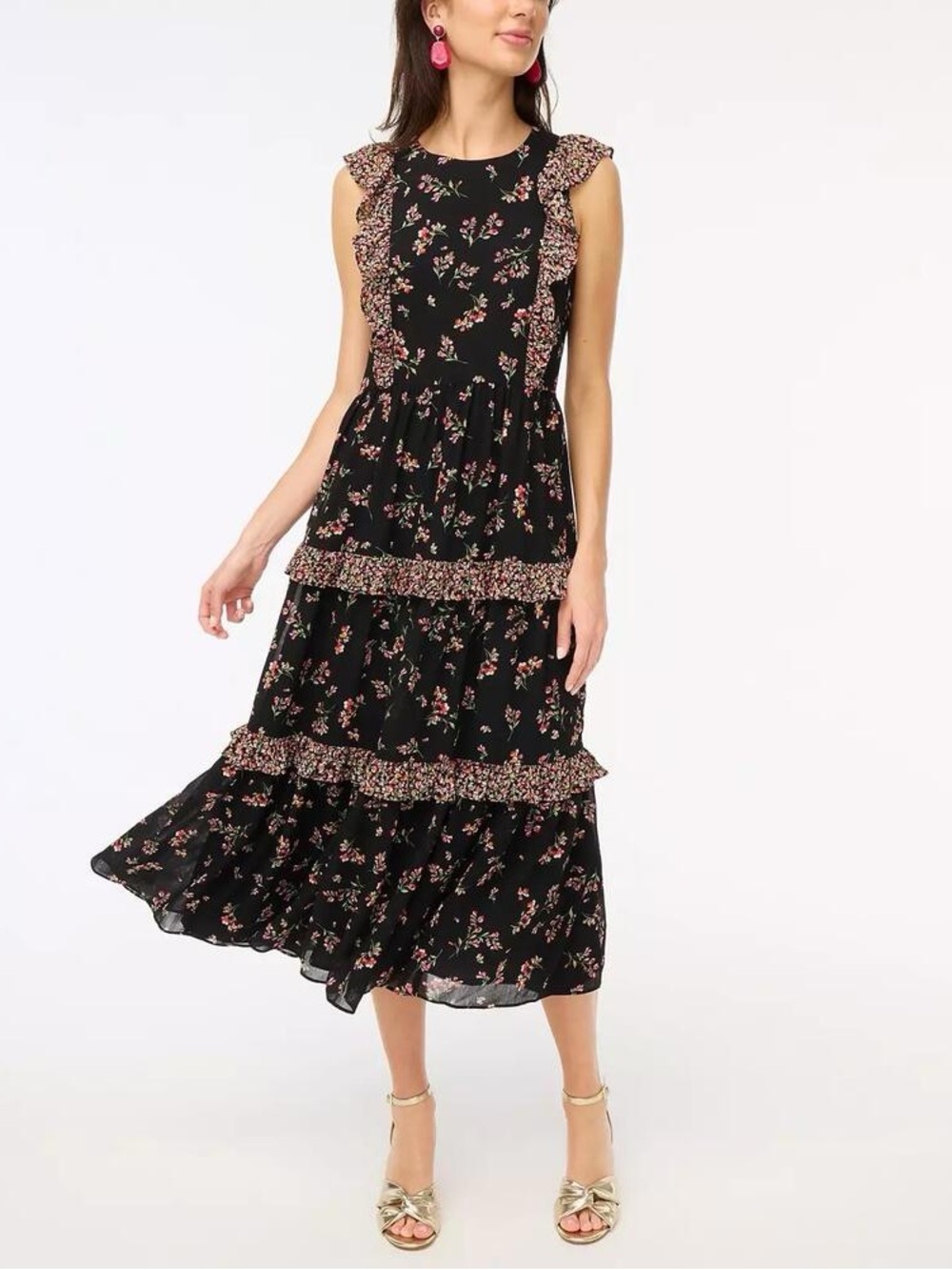 J. Crew Black Floral Ruffle Tiered Midi Dress NWOT 2